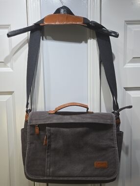 Estarer Gray Canvas Laptop Messenger Bag with Brown Leather Accents